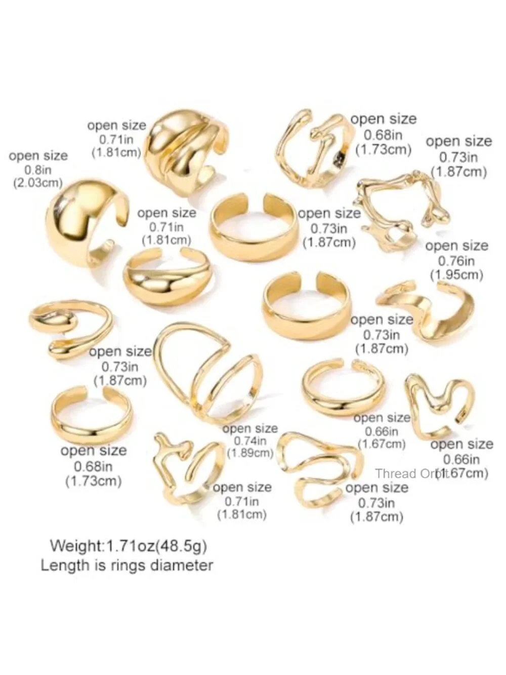 14K Gold Plated Chunky Stackable Open Rings Set - Adjustable